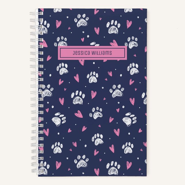 Cute Heart Pet Paw Print Pattern Dog Cat Lover Notebook (Front)