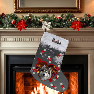 Cute Heart Pet Photo Dog Name Black Snowflake Small Christmas Stocking