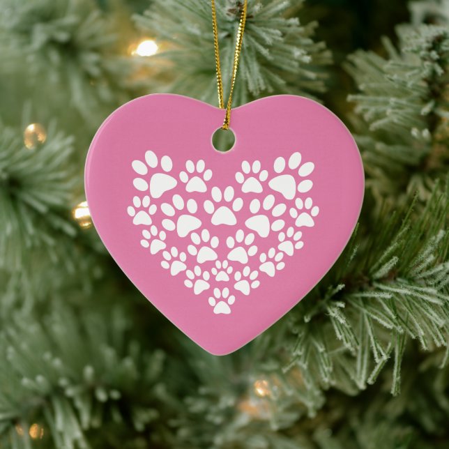 Cute Heart Pink Paw Print Ceramic Tree Decoration (Tree)