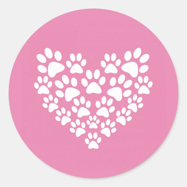 Cute Heart Pink Paw Print Classic Round Sticker (Front)