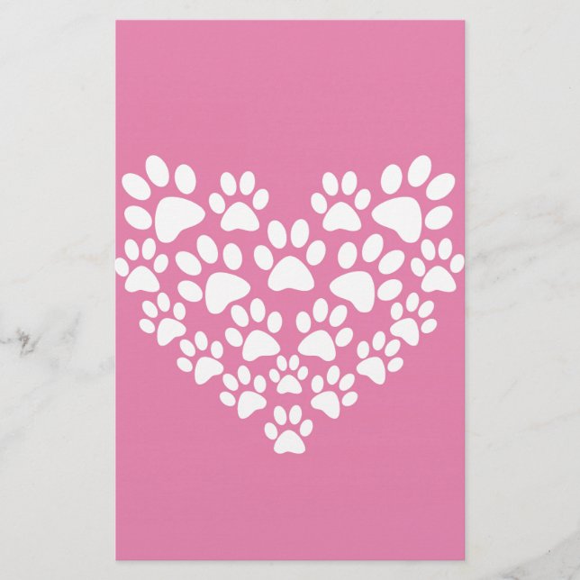 Cute Heart Pink Paw Print Stationery (Front)
