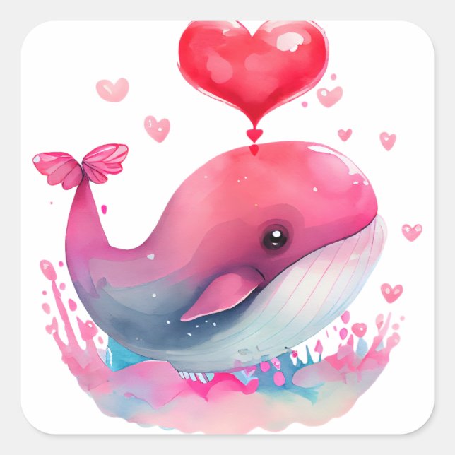 Cute Heart Pink Whale Valentine  Square Sticker (Front)