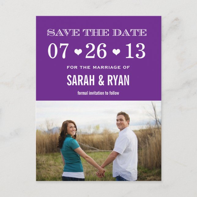 Cute Heart Purple Save the Date Photo Postcards (Front)