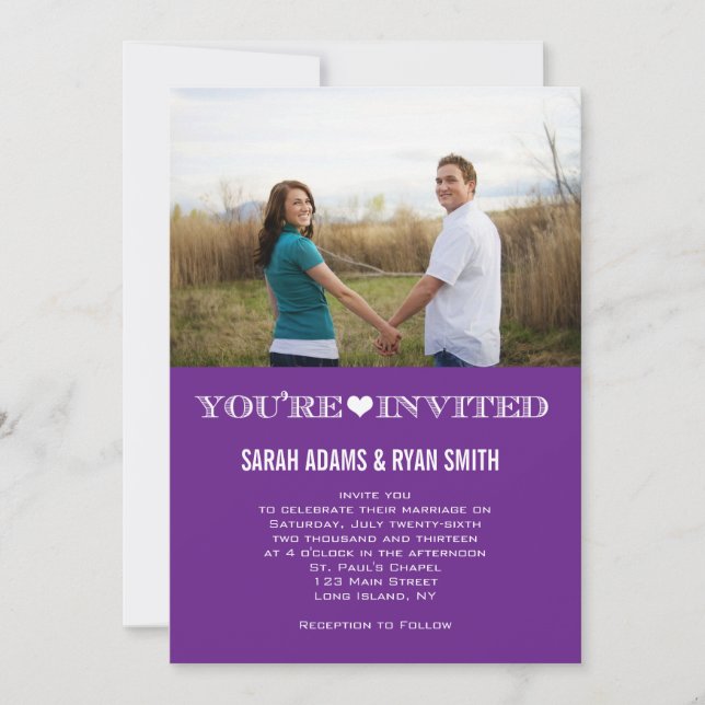 Cute Heart Purple Wedding Photo Invitations (Front)