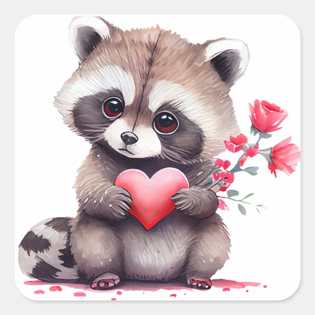 Cute Heart Racoon Valentine Square Sticker (Front)