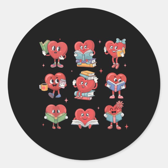 Cute Heart Reading Book Nerd Bookworm Valentines D Classic Round Sticker (Front)