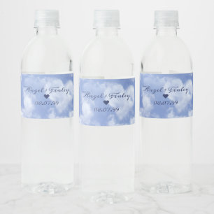 Cute Heart Shaped Cloud & Blue Sky Elegant Wedding Water Bottle Label