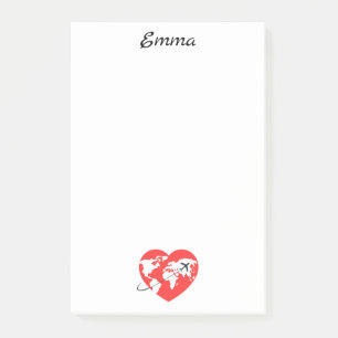 Cute Heart shaped Globe & aeroplane, Custom Name Post-it Notes