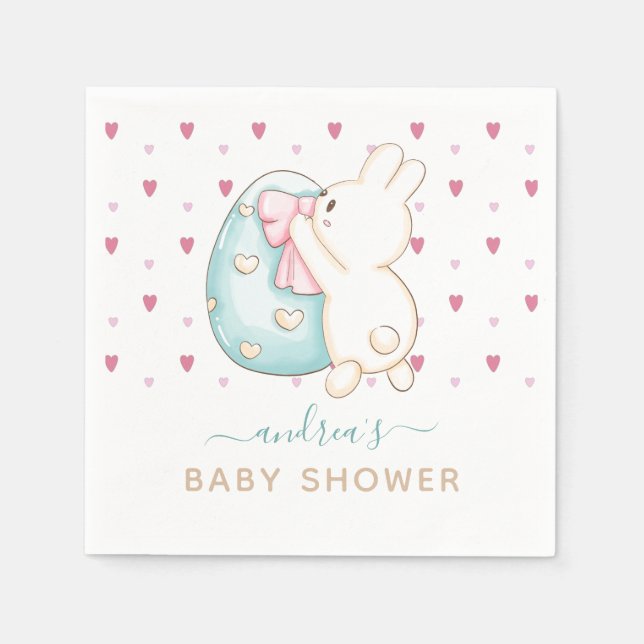 Cute Heart Watercolor Easter Egg Bunny Baby Shower Napkin (Front)