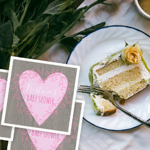 Cute Heart with Pink Floral Doodle Frame on Wood Napkin