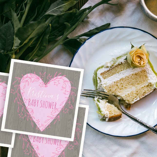 Cute Heart with Pink Floral Doodle Frame on Wood Napkin (Creator Uploaded)
