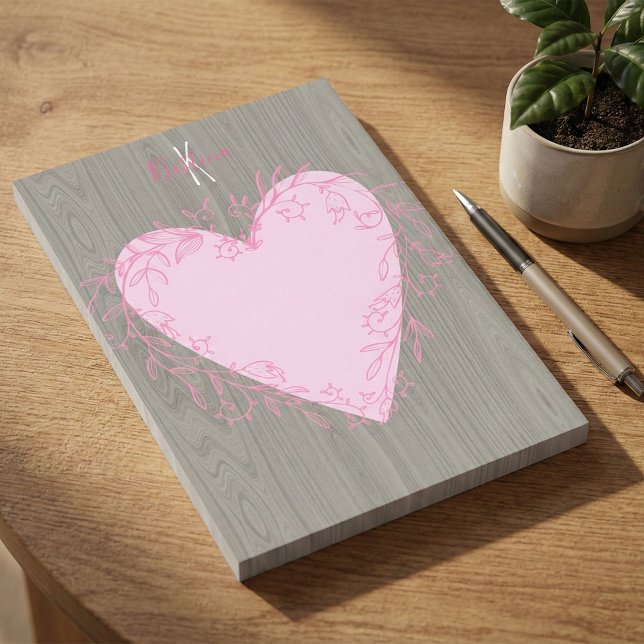 Cute Heart with Pink Floral Doodle Frame on Wood Post-it Notes (Creator Uploaded)