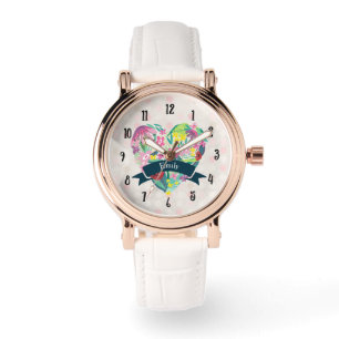 Cute Heart with Tropical Flowers Personalised Watch