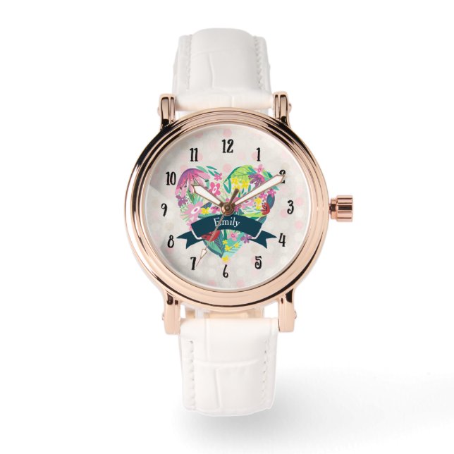 Cute Heart with Tropical Flowers Personalised Watch (Front)
