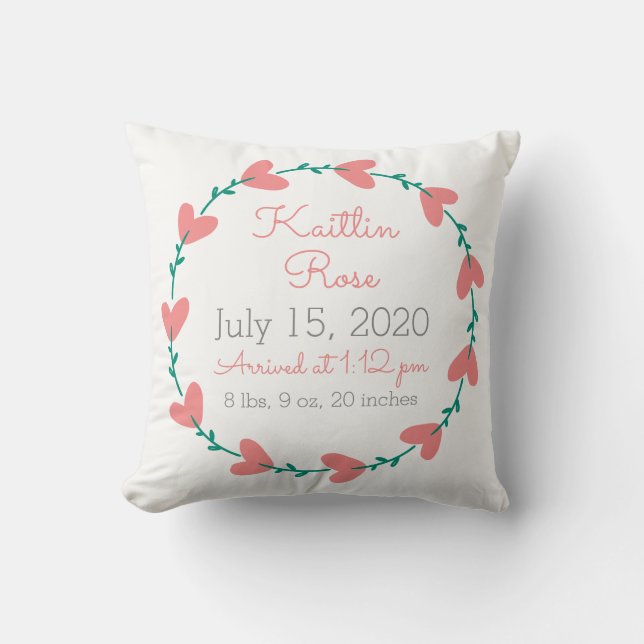 Cute Heart Wreath Baby Birth Announcement Cushion (Front)