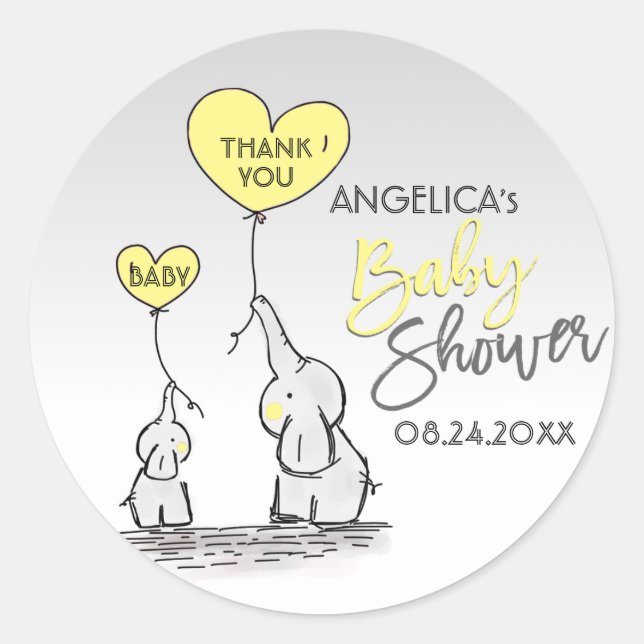 Cute Heart YELLOW Elephant Mummy & Baby Shower Classic Round Sticker (Front)