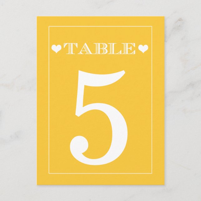 Cute Heart Yellow Wedding Table Number Cards (Front)