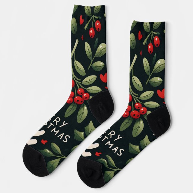 Cute hearth Christmas Mistletoe branch Socks (Left)