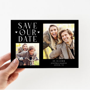 Cute Hearts 2-Photo Black Wedding Save The Date