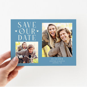 Cute Hearts 2-Photo Denim Blue Wedding Save The Date