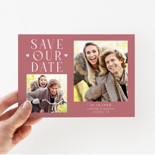Cute Hearts 2-Photo Pink Wedding Save The Date