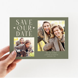 Cute Hearts 2-Photo Sage Green Wedding Save The Date