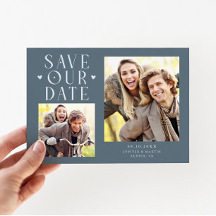 Cute Hearts 2-Photo Slate Blue Wedding Save The Date
