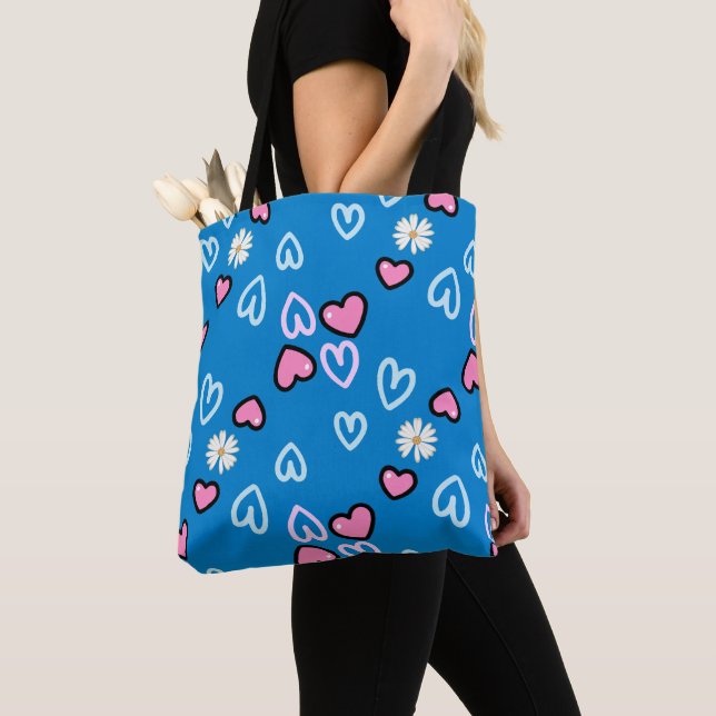 Cute Hearts and Daisies Pattern Blue Tote Bag (Close Up)