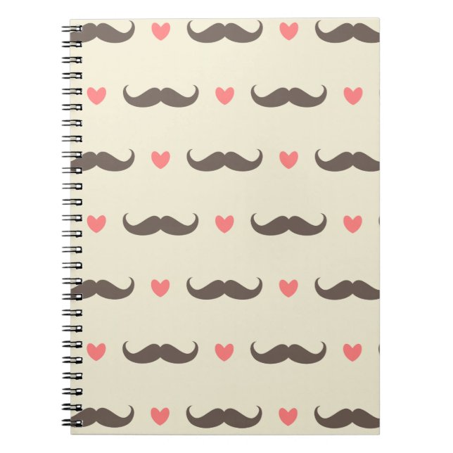 Cute Hearts and Moustache Hipster Pattern Notebook (Front)