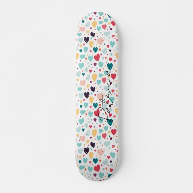 Cute Hearts and Polka Dots Pattern Colourful Girly Skateboard (Front)