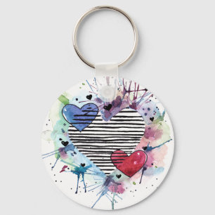 Cute Hearts And Washes In Watercolor  Key Ring
