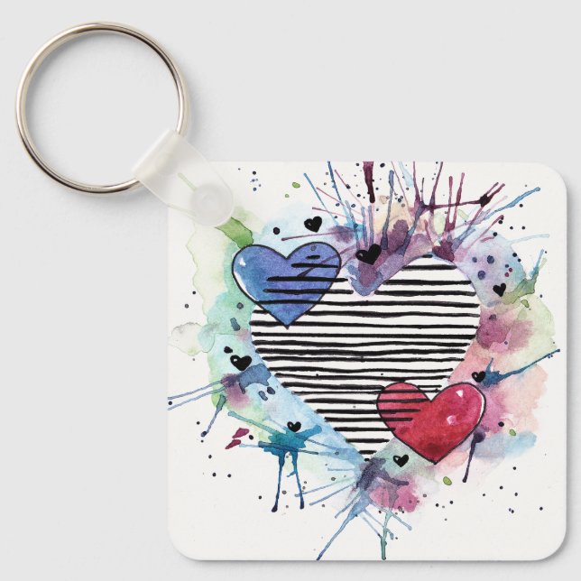 Cute Hearts And Washes In Watercolor  Key Ring (Front)