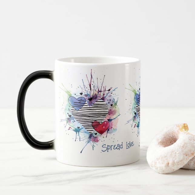 Cute Hearts And Washes In Watercolor   Magic Mug (With Donut)