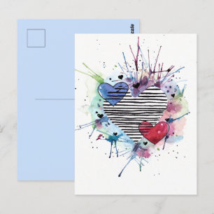 Cute Hearts And Washes In Watercolor Postcard