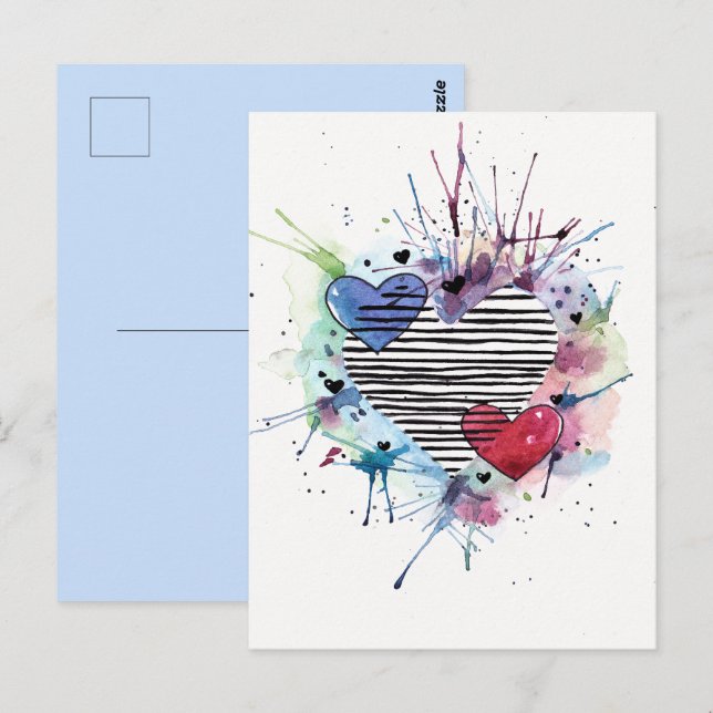 Cute Hearts And Washes In Watercolor  Postcard (Front/Back)