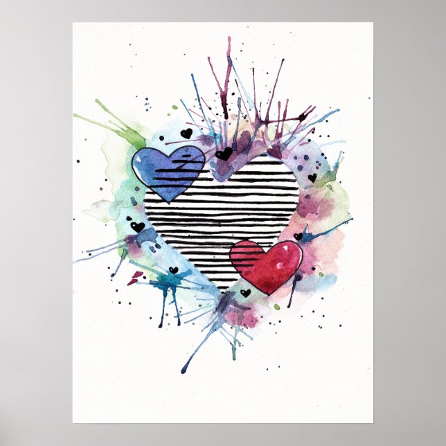 Cute Hearts And Washes In Watercolor  Poster (Front)