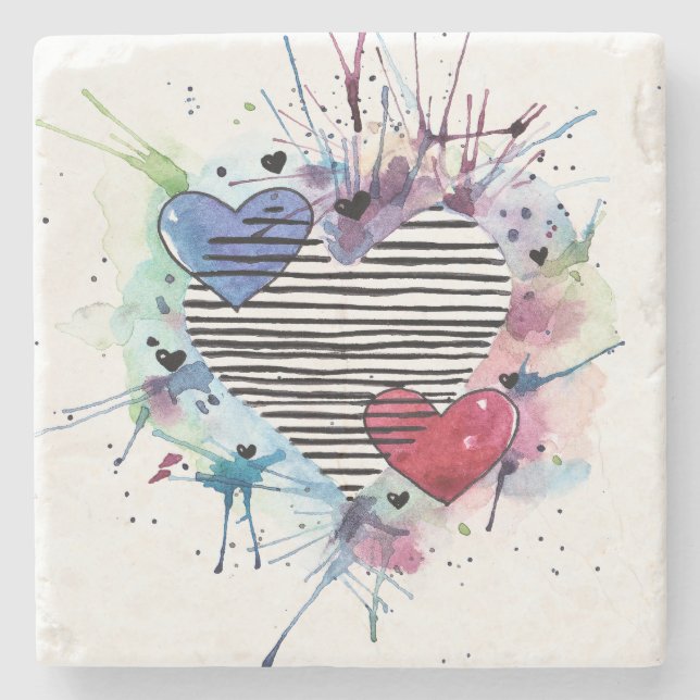 Cute Hearts And Washes In Watercolor  Stone Coaster (Front)
