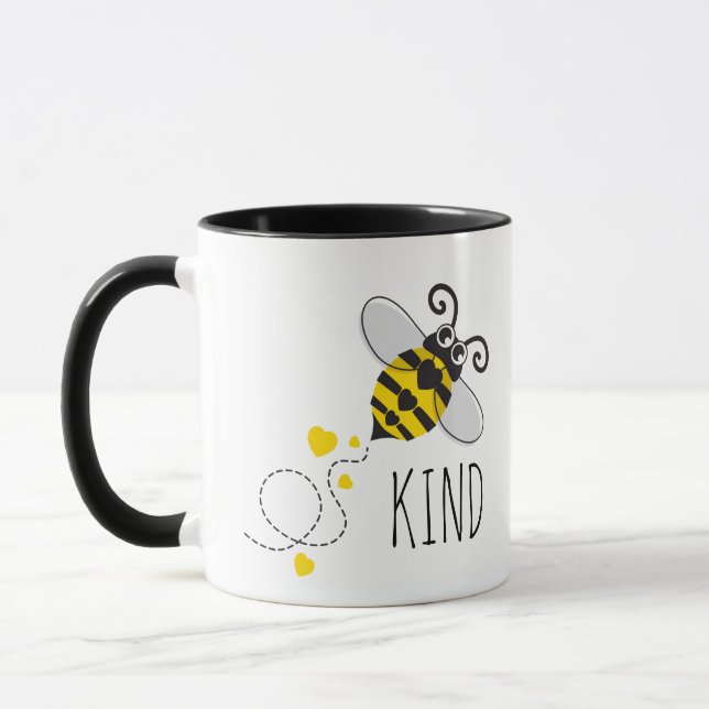 Cute hearts bee kind yellow black or custom text mug (Left)