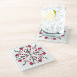 Cute Hearts Bees Roses Romantic Floral Doodles Glass Coaster
