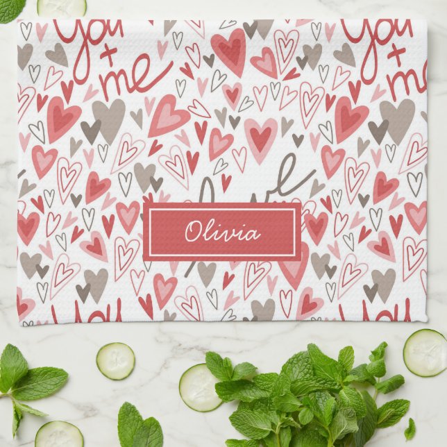 Cute Hearts Boho Valentines Pattern Tea Towel (Folded)