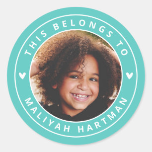 Cute Hearts Circle Frame Photo Name School Aqua Classic Round Sticker