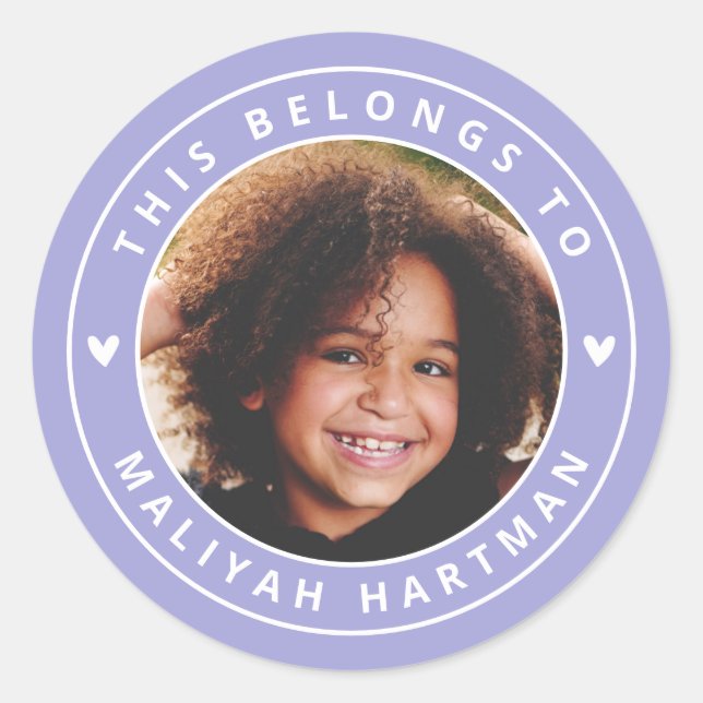 Cute Hearts Circle Frame Photo Name School Purple Classic Round Sticker (Front)