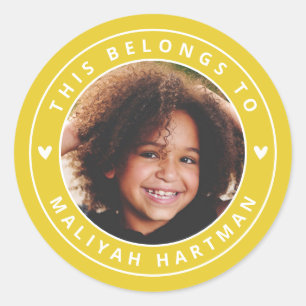 Cute Hearts Circle Frame Photo Name School Yellow Classic Round Sticker