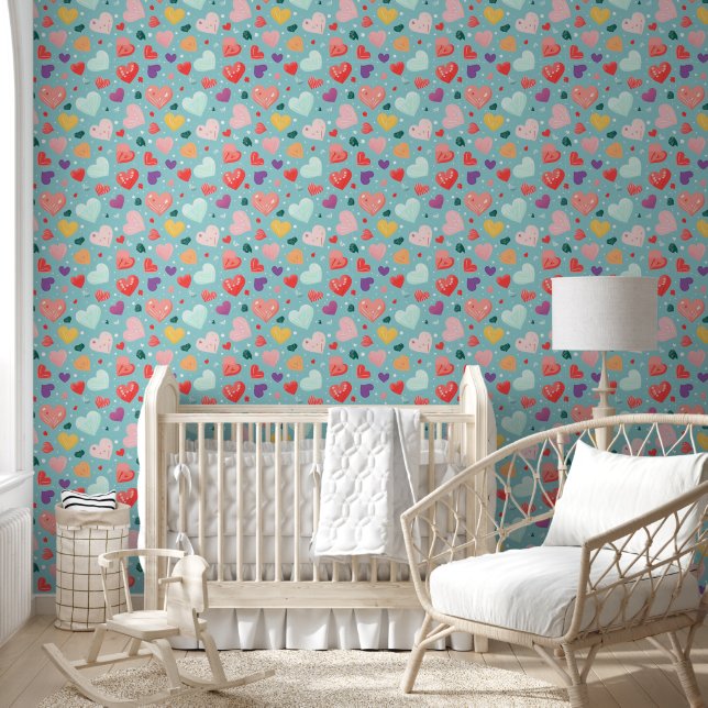 Cute Hearts Colourful Pattern Wallpaper (Kids)