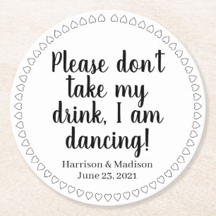 Cute hearts custom black text names date wedding round paper coaster