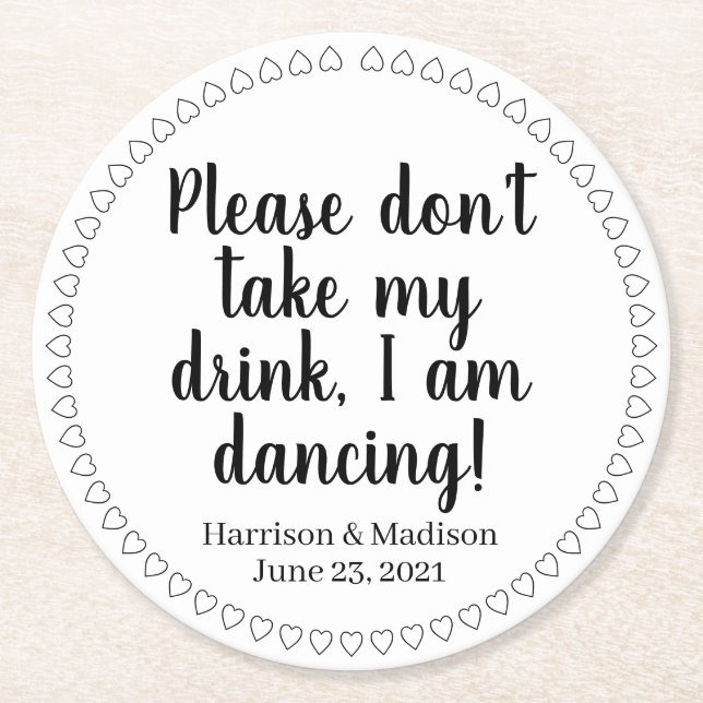 Cute hearts custom black text names date wedding round paper coaster (Front)