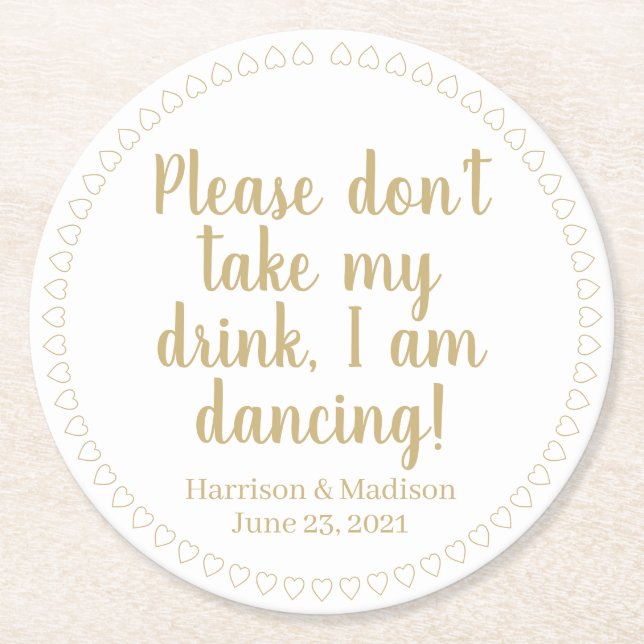 Cute hearts custom gold text names date wedding  round paper coaster (Front)