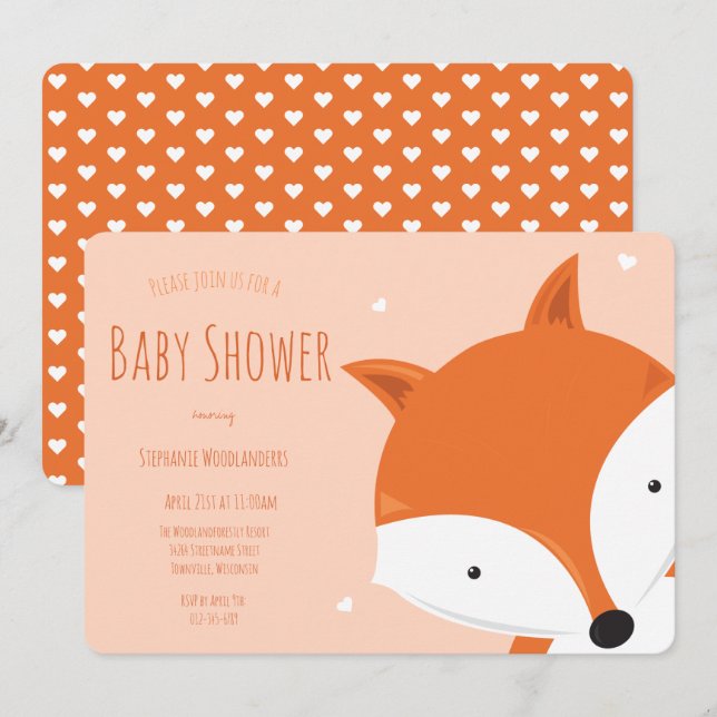 Cute Hearts Fox Animal Baby Shower Invitation (Front/Back)