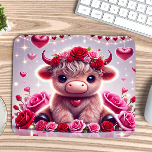 Cute Hearts Highland Cow Valentines Mouse Mat