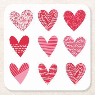 Cute hearts in red and pink square paper coaster